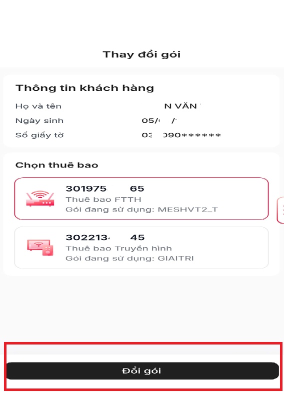 Đổi gói cước Viettel