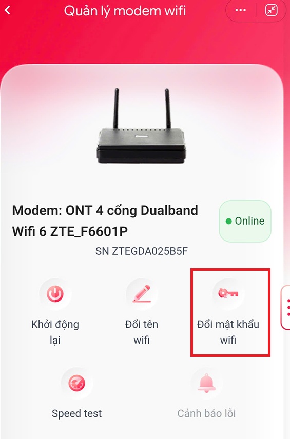 Chọn đổi mật khẩu wifi